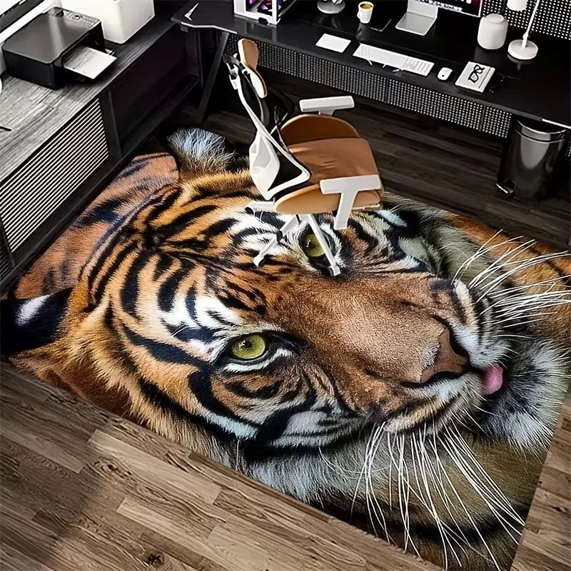 tapis moderne lions animaux salon chambre noir marron beige bleu polyester rectangle