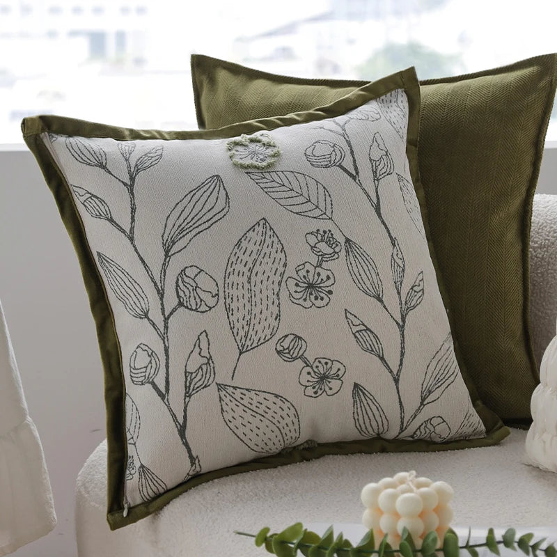 coussin décoratif moderne 45x45cm motif floral noir blanc vert olive beige clair