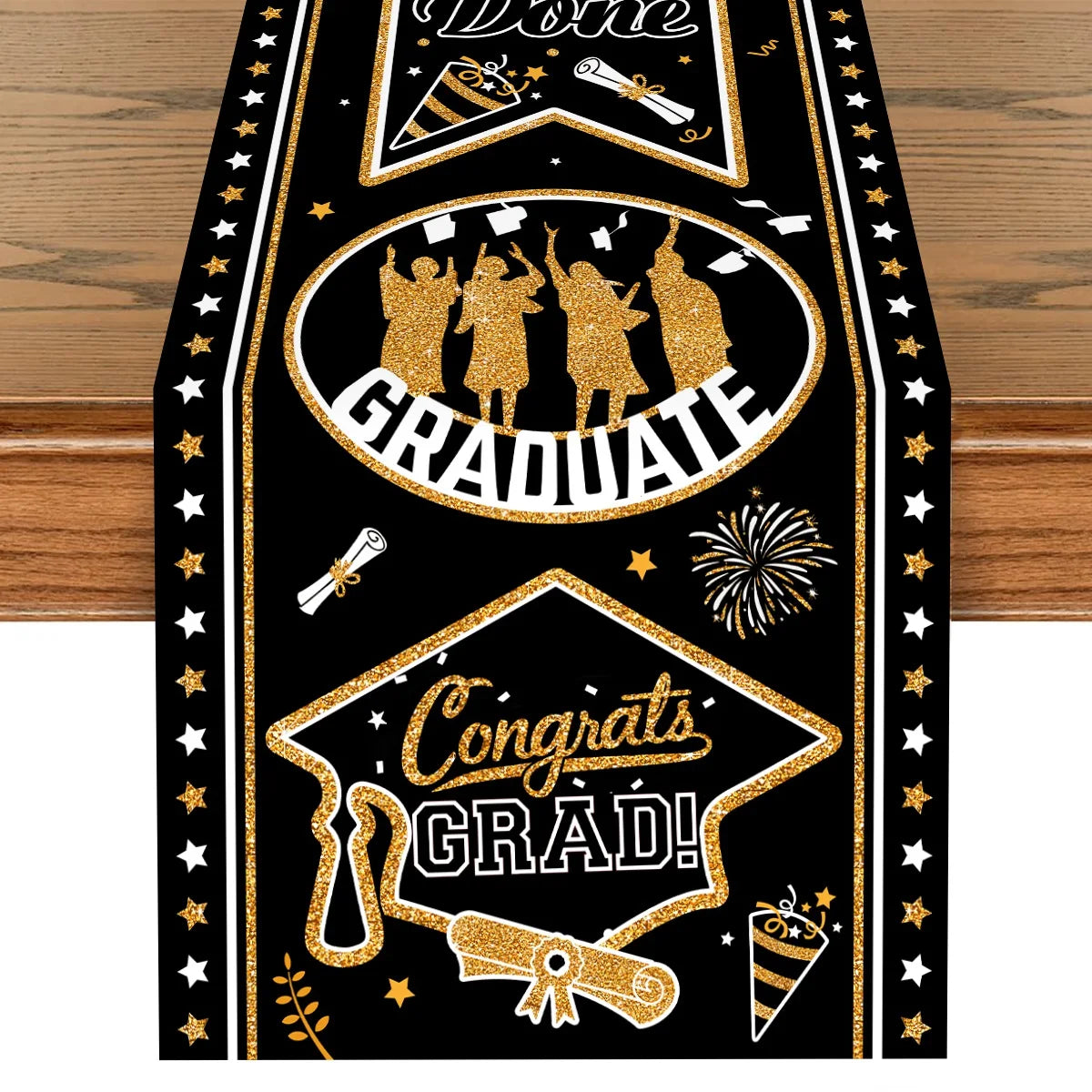 nappe table fête remise diplôme motifs cérémonie confettis étoiles feu artificiel polyester noire or