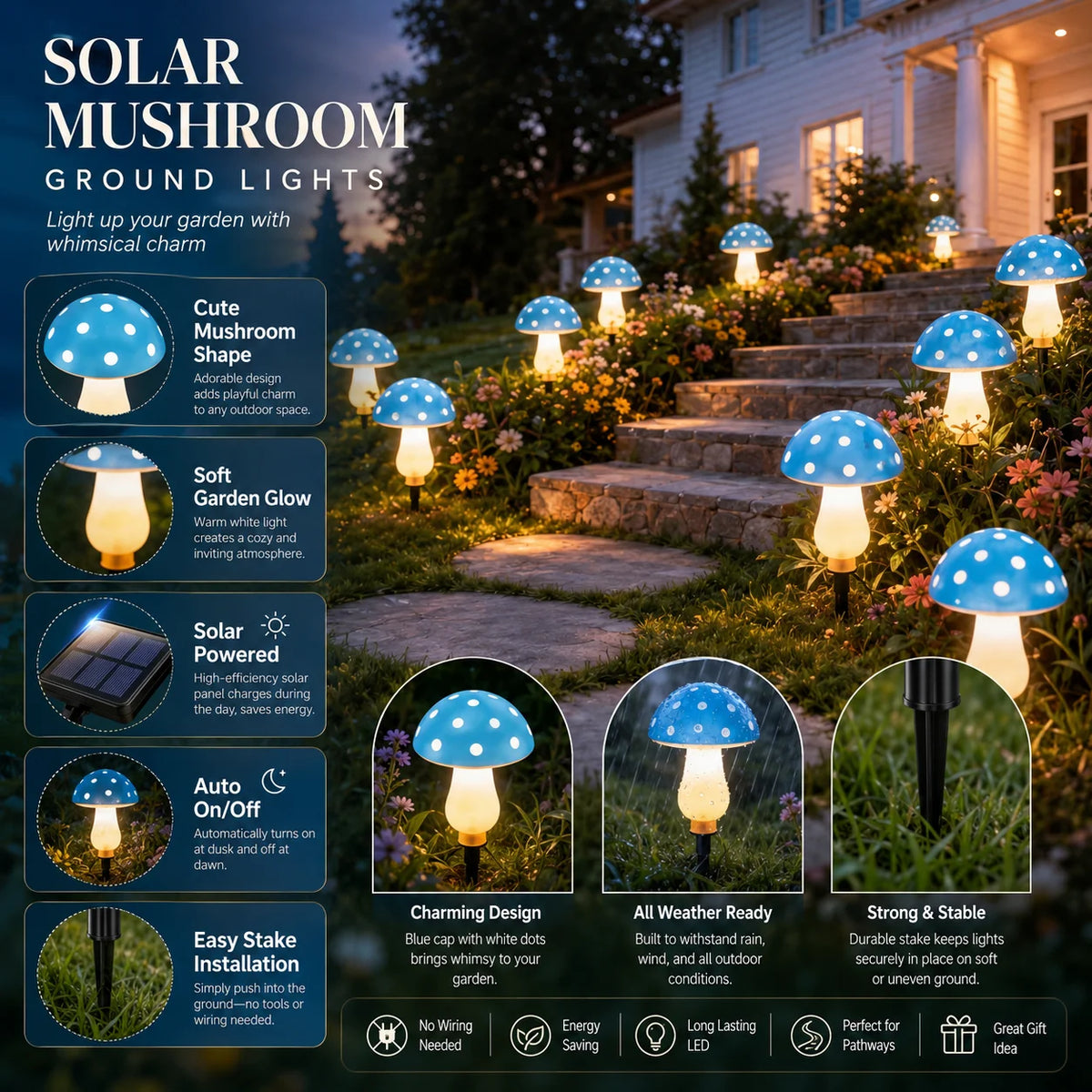 lumière solaire champignon 10 20 led bleu vert rouge orange points blancs moderneextérieurDecorationNoël