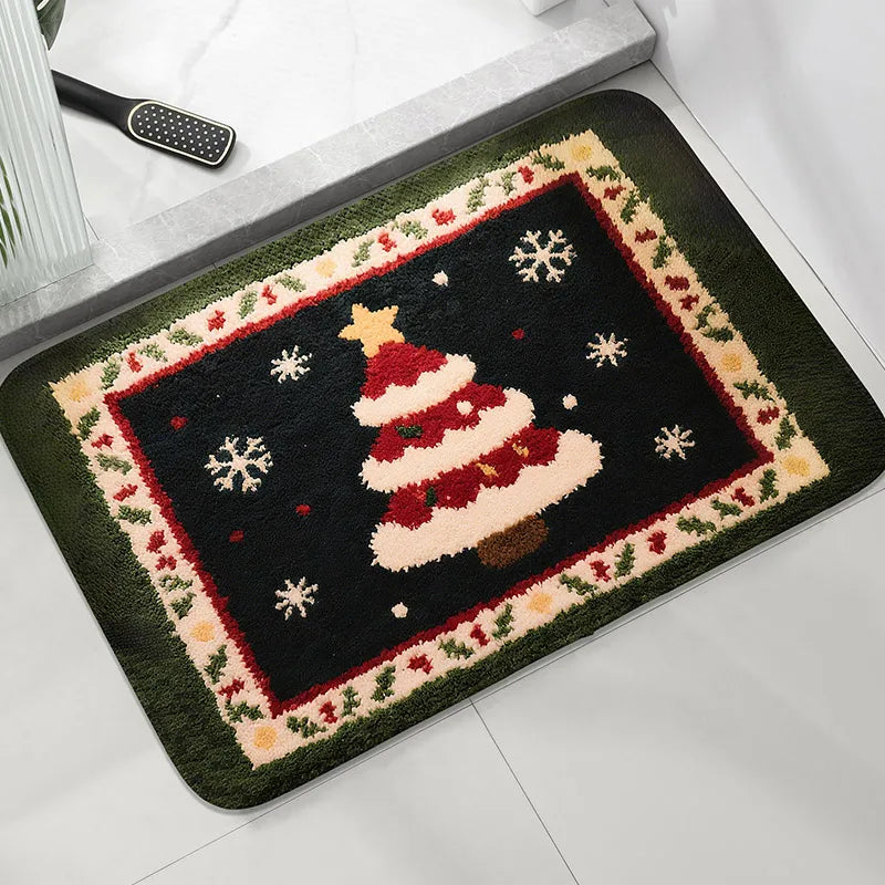 tapis sol noël motif sapin flocons décoration intérieure salle bain cuisine antiderapant polyester noir