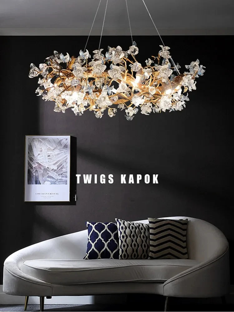 suspension lumineuse moderne dorée branches fleurs transparentes cristal haute luxure
