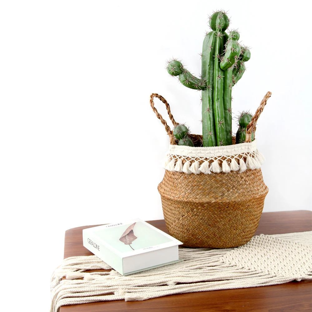 panier tissé marron clair franges blanches boho rangement réutilisable respectueux environnement