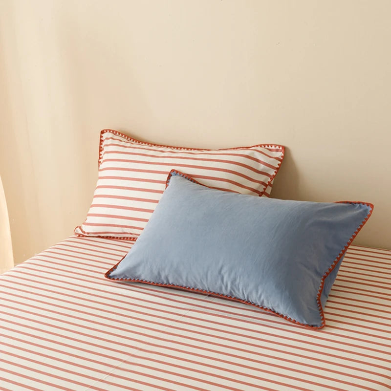 ensemble literie bleu rouge rayures moderne drap plat taies oreillers double full queen