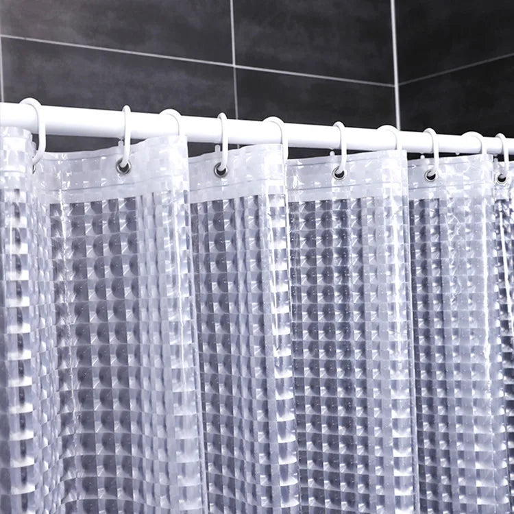 rideau douche transparent carreaux géométriques moderne ourlet lesté dimension 240cm anneaux fixation