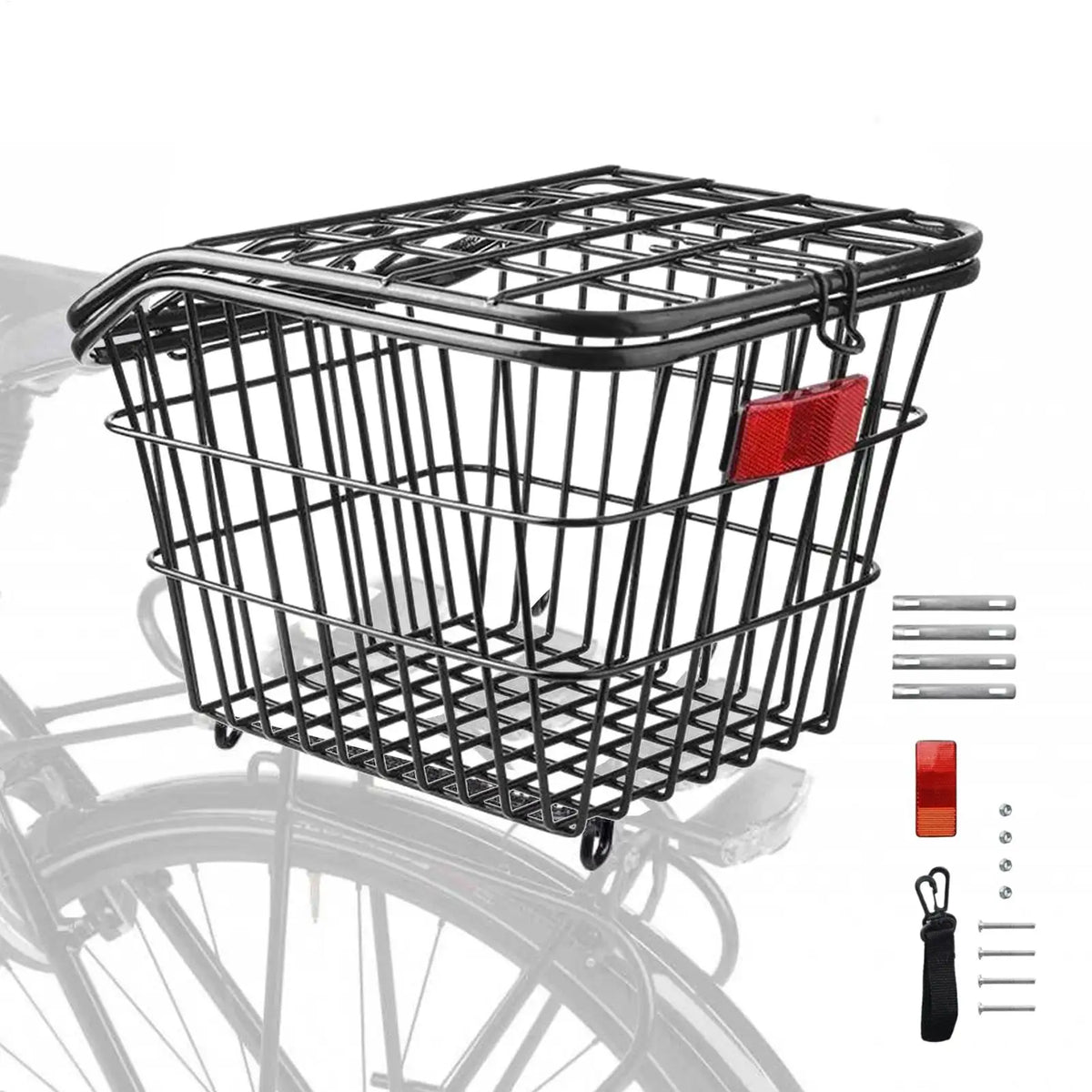 panier vélo arrière acier noir clips moderne maille métallique couvercle vis poignée