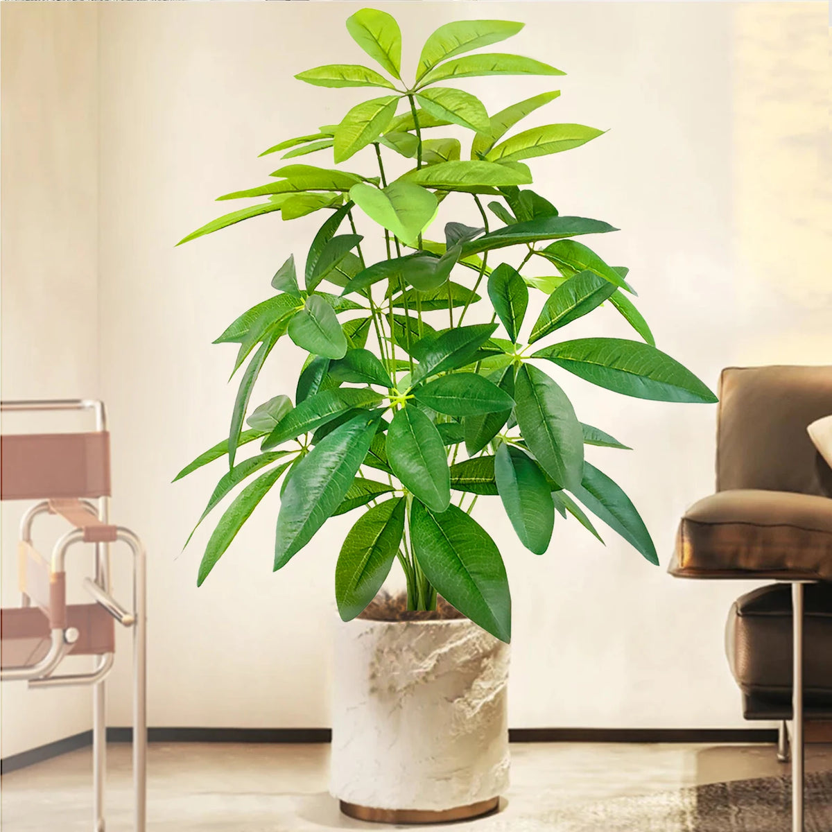 plante artificielle moderne arbre monstera feuilles vertes decoration intérieure pot blanc contemporain exposition maison