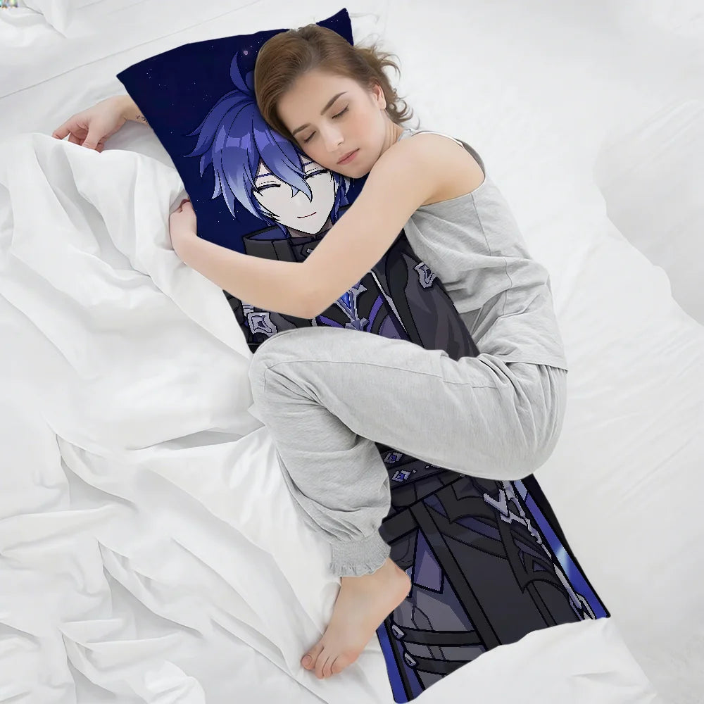 housse coussin allongée double face imprimée personnage anime cheveux bleus moderne ornemental polyester bleu