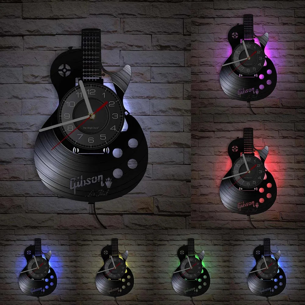 horloge murale guitare stylisée vinyle noir moderne rétro salon quartz aiguille