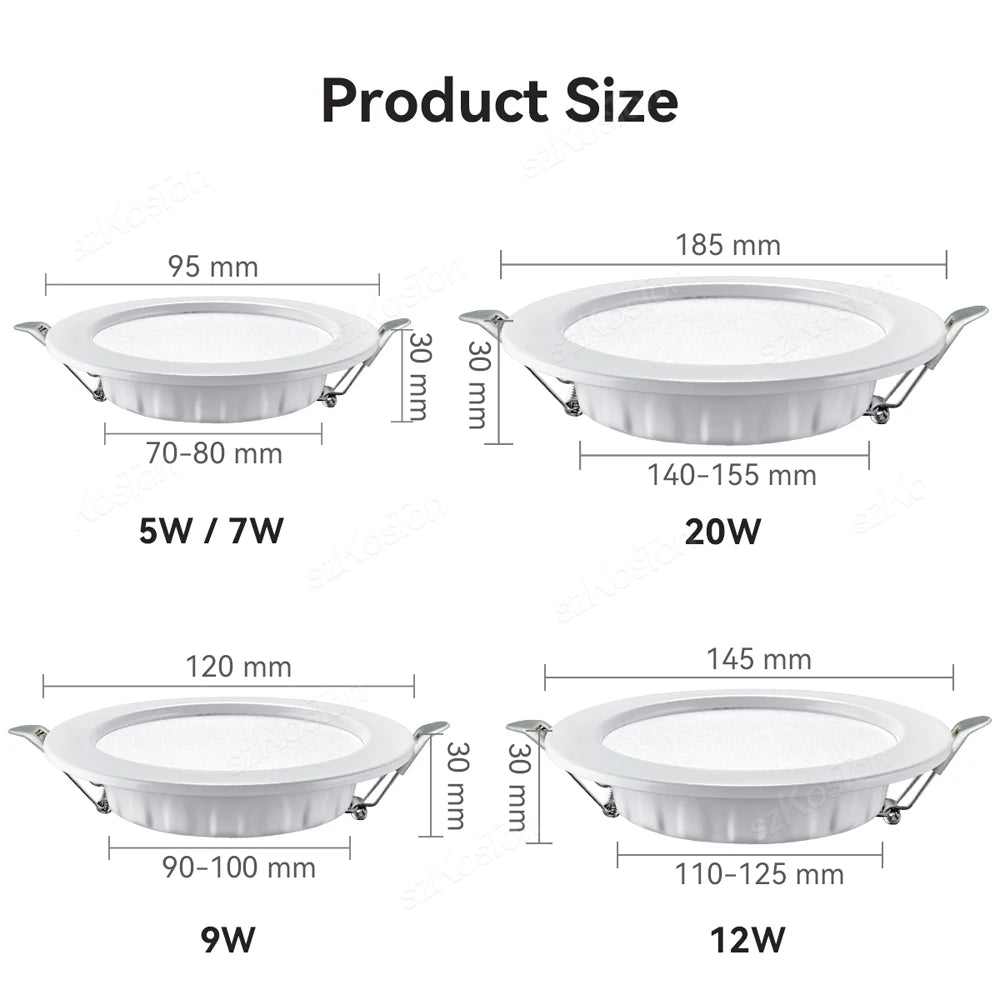 éclairage led downlight spot 12w 20w blanc moderne clips opaques 95mm 185mm