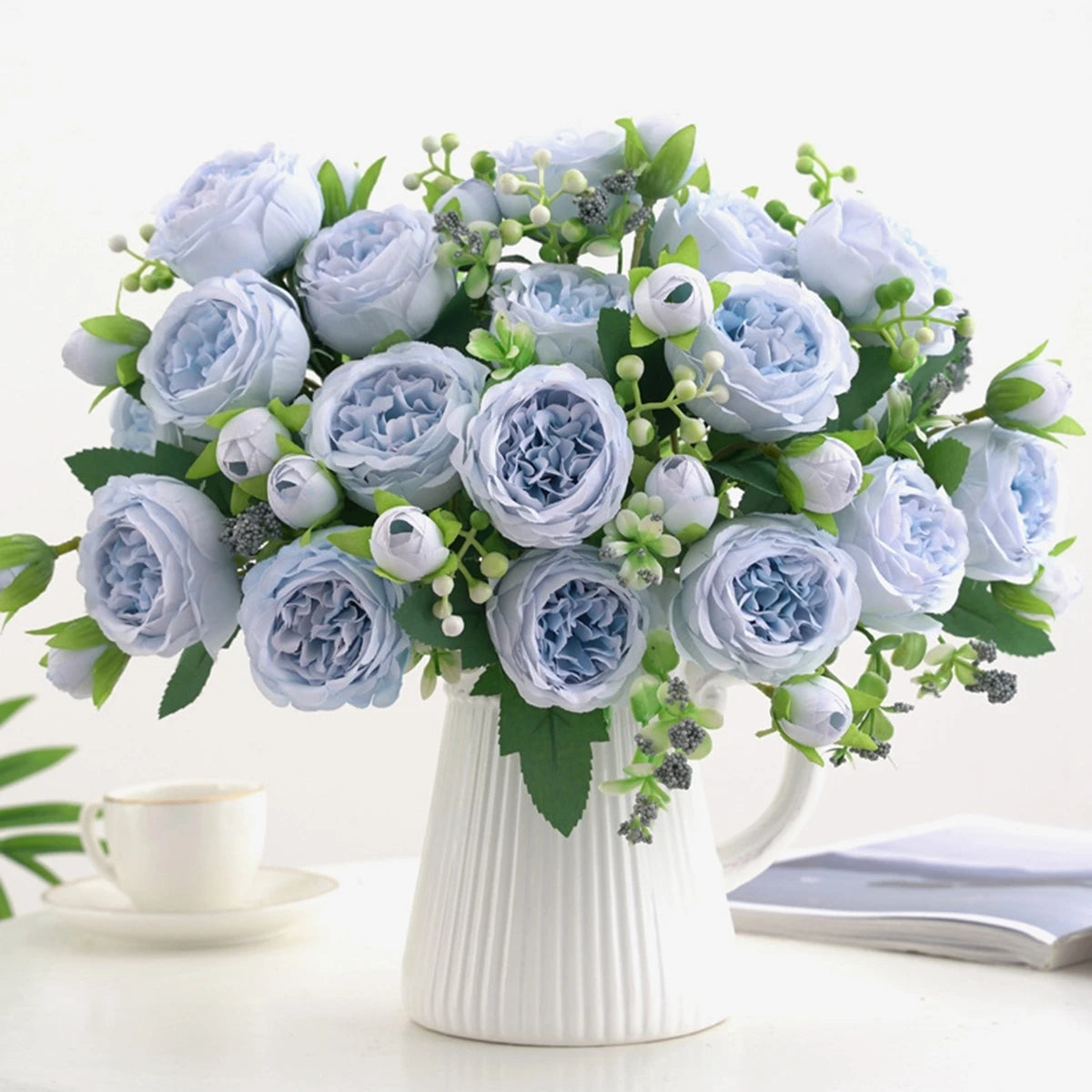 bouquet fleurs artificielles pivoine moderne blanc rose bleu clair mariage anniversaire décoration extérieureintérieur