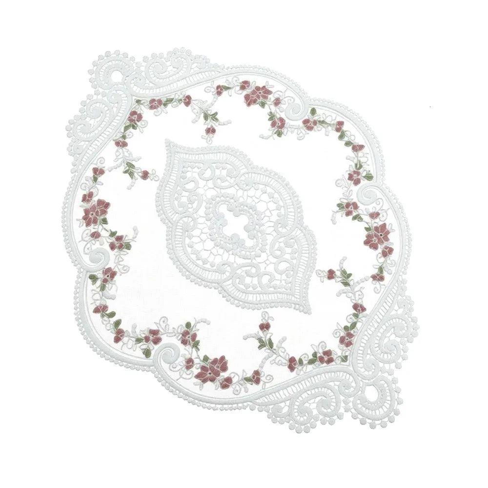 tapis dentelle floral rouge gris beige classique élégant translucide 44x31cm