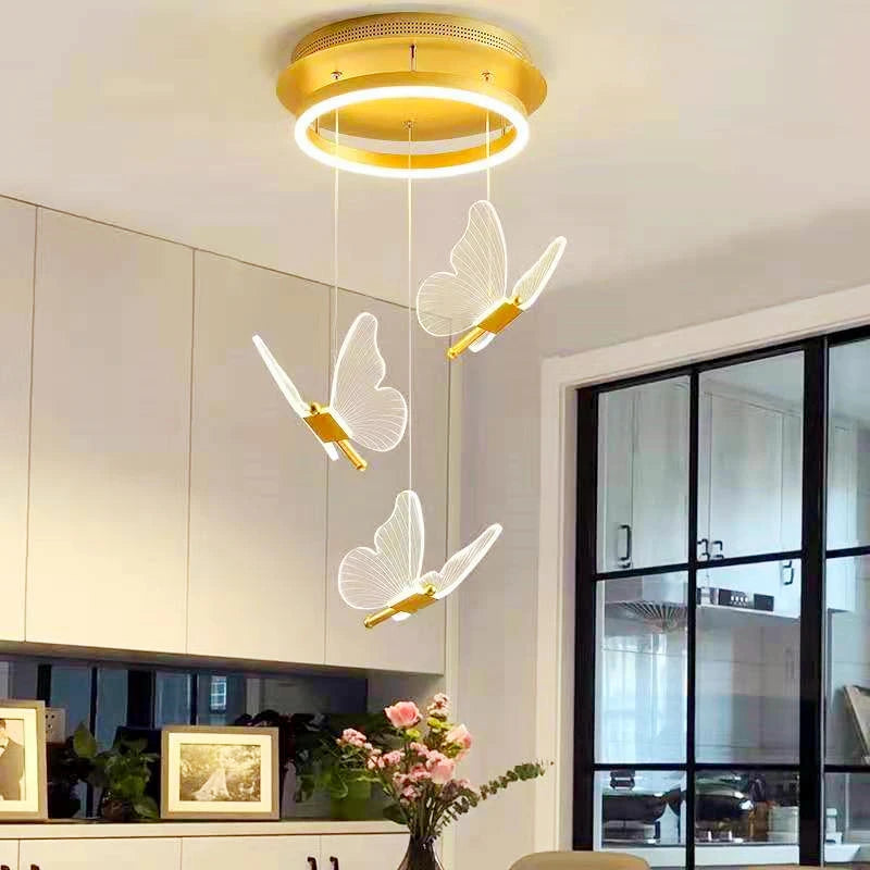 lampe suspendue papillon moderne blanc doré cristal transparent vis fixations