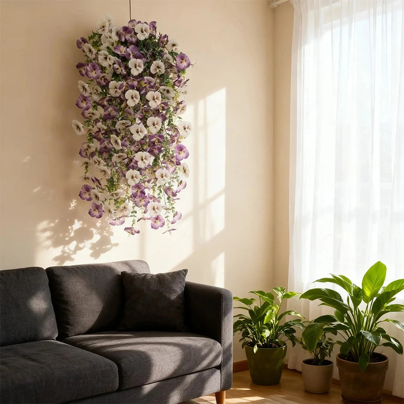 guirlande fleurs artificielles violettes roses modernes décoration murale mariage anniversaire intérieur