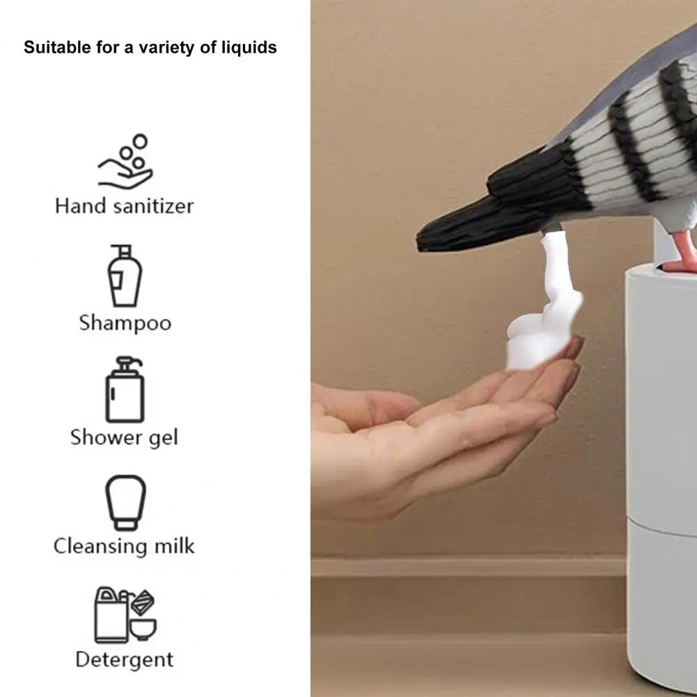 distributeur savon mousse oiseau pigeon gris blanc salle bain moderne hygiénique pratique élégant