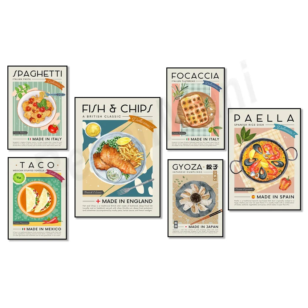 Affiche d'un assortiment de plats traditionnels issus de différentes cuisines du monde, avec des illustrations et des mentions de leur pays d'origine.
