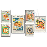 Affiche d'un assortiment de plats traditionnels issus de différentes cuisines du monde, avec des illustrations et des mentions de leur pays d'origine.