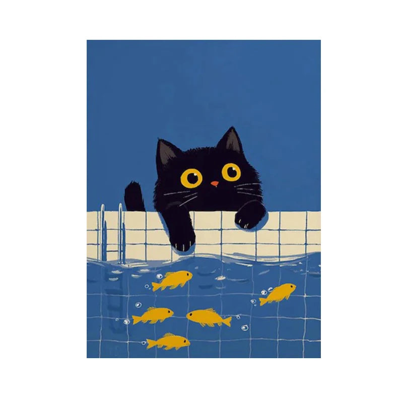 affiche illustration chat noir poissons yeux jaunes cadre bois moderne contemporaine horizontal rectangle