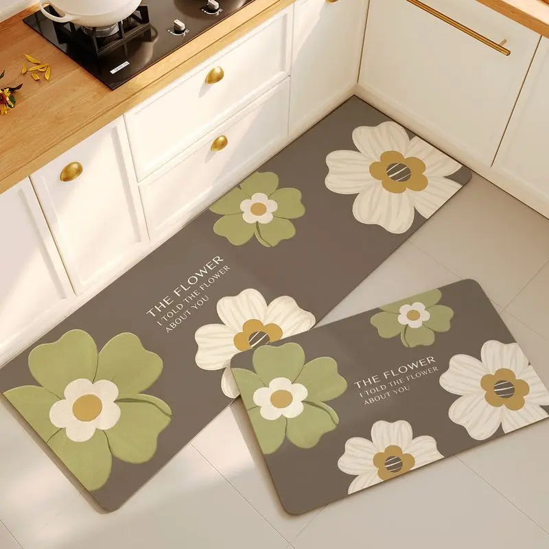 tapis cuisine antidérapant motifs floraux moderne deux pièces gris foncé vert olive marron clair