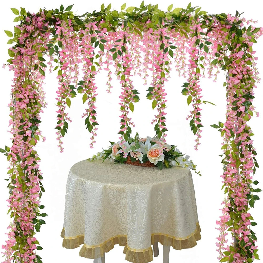 Guirlande fleurs artificielles hortensia vert blanc rose violet mariage intérieur