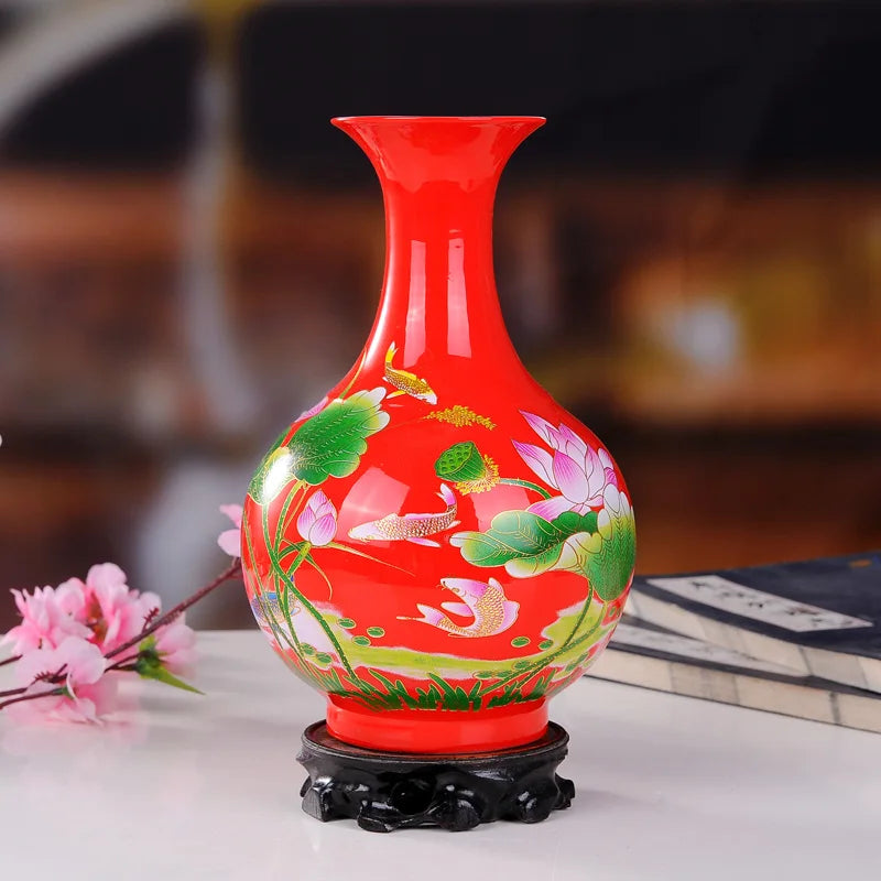 vase porcelaine traditionnel fleurs oiseaux jaune rouge bleu maison