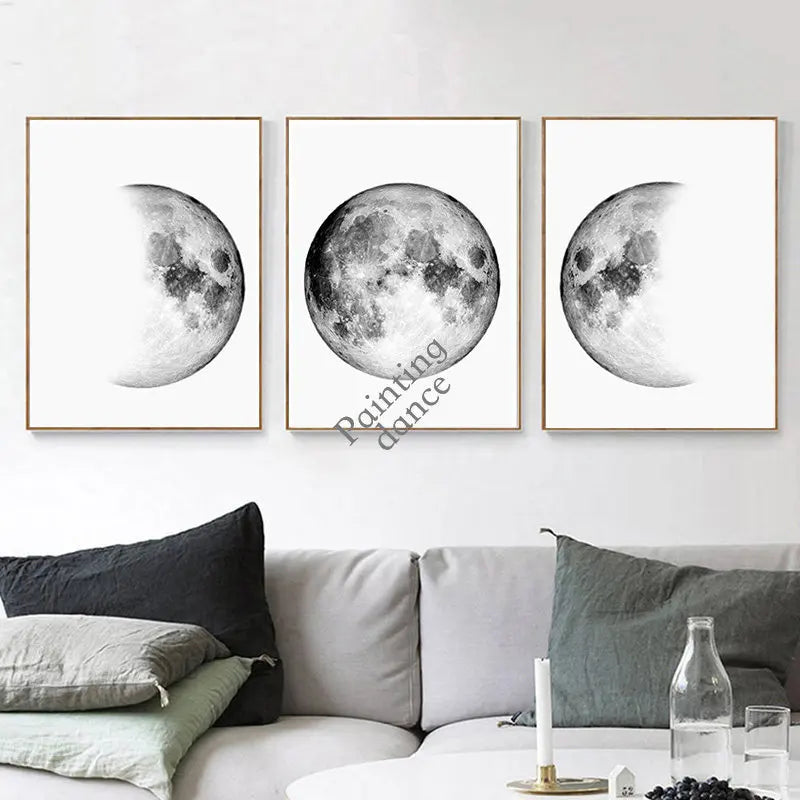 toile d'art minimaliste lune noir blanc chambre salon decoration intérieure classic vertical unique sans