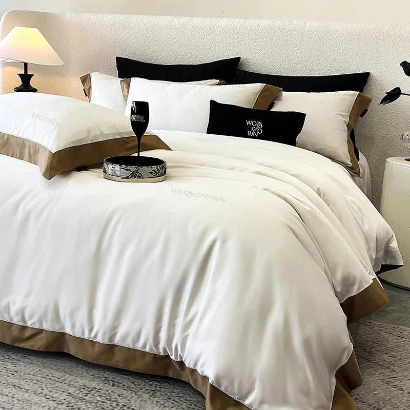 parure lit luxe coton lyocell satiné housse couette drap plat taies oreillers blanc