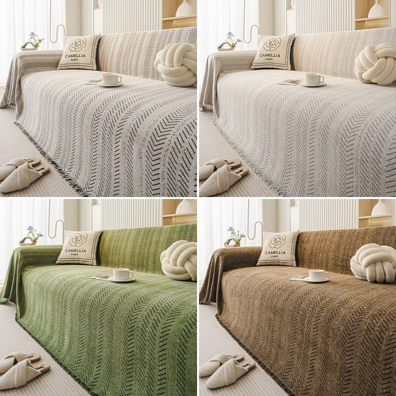 housse canapé moderne couverture chenille motif géométrique beige noir fixations machine polyester salon