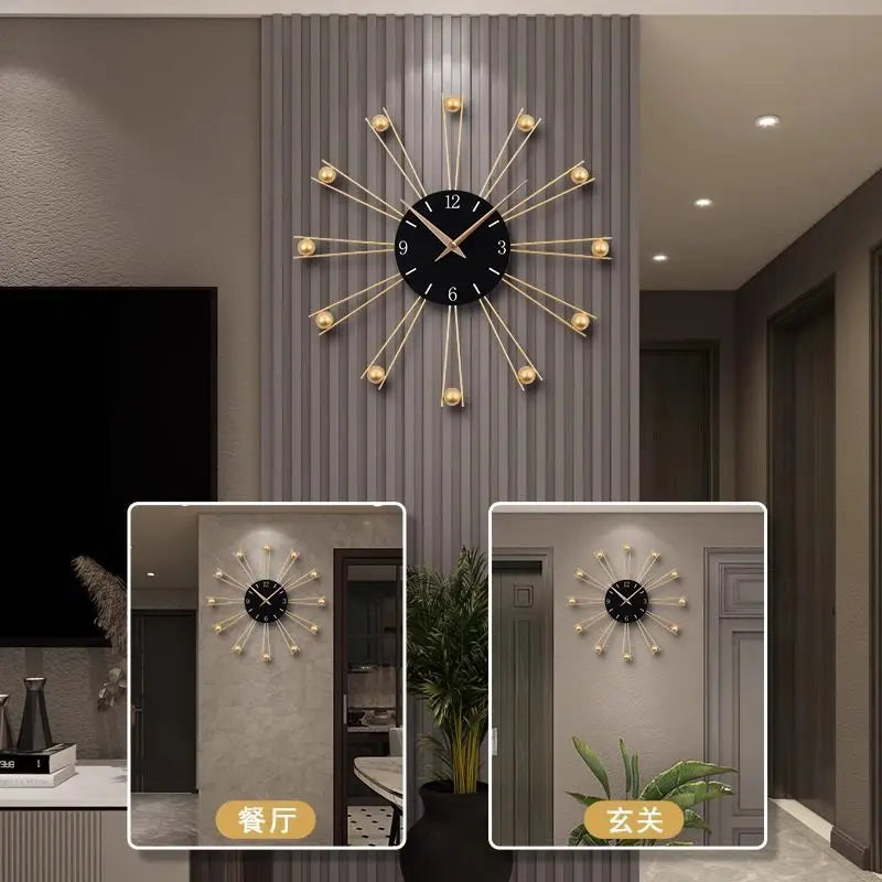 horloge murale moderne noir doré aiguilles soleil scandinave élégante intérieur sophistiquée chaleureuse lumineuse