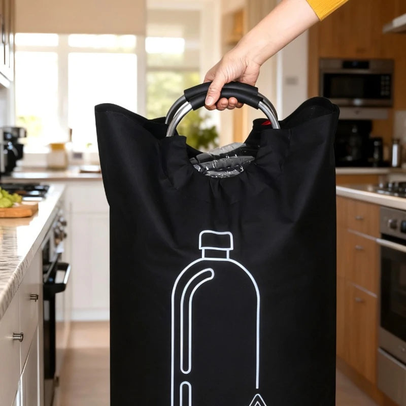 sac rangement pliable bouteilles recyclage 82l 115l moderne pratique poignées métalliques opaques illustration recyclable