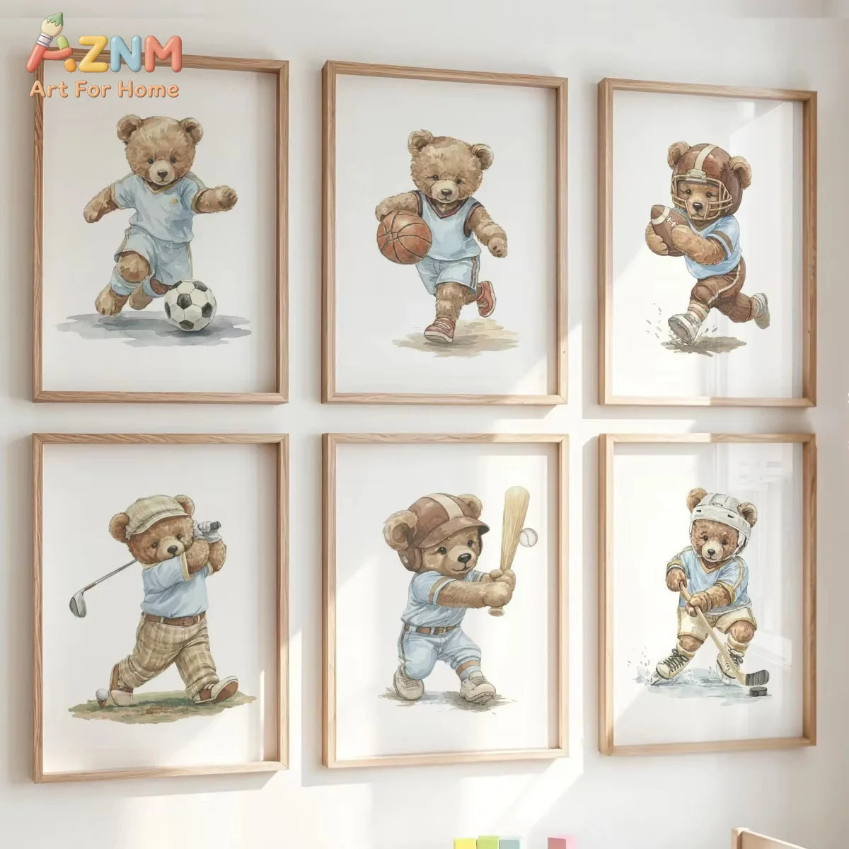 affiches art ours sport dessin animé aquarelle moderne beige bleu brun noir blanc decoration