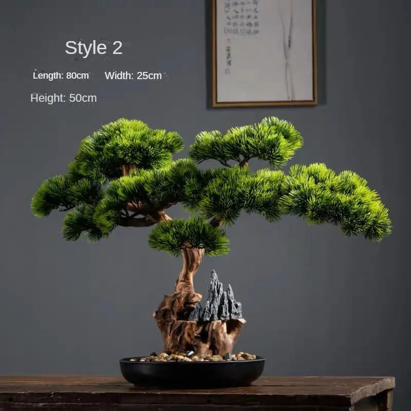 bonsaï artificiel vert clair arbre feuilles fines pot noir gravier blanc ornement extérieur classique