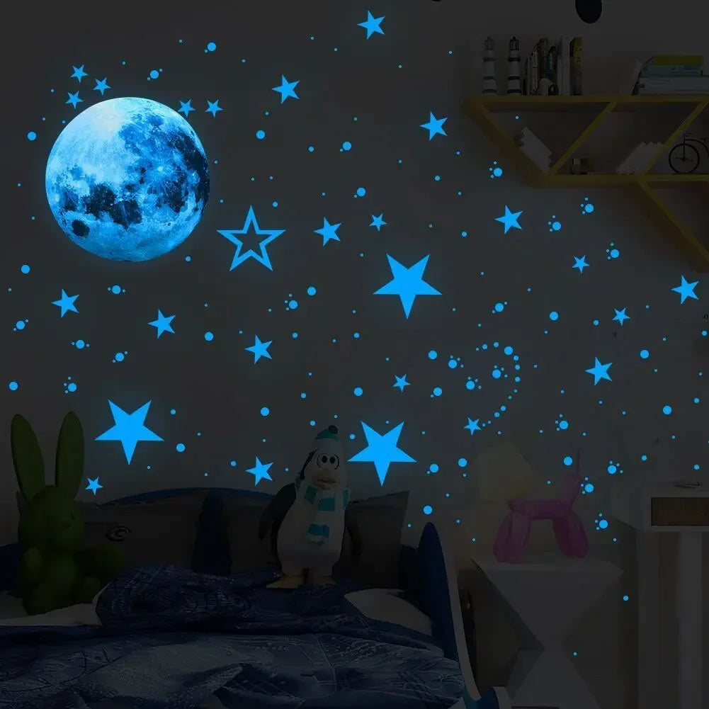 sticker mural lumineux lune étoiles bleu vert rose chambre enfants décoration maison moderne adhésif