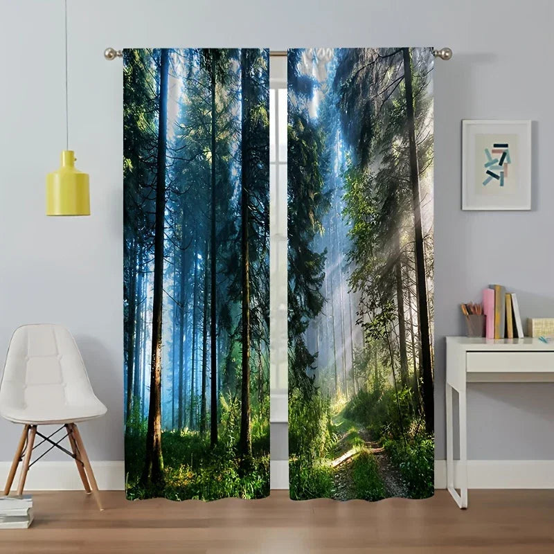 rideau imprimé forêt moderne bleu vert 100 polyester fenêtre 60x150cm x2