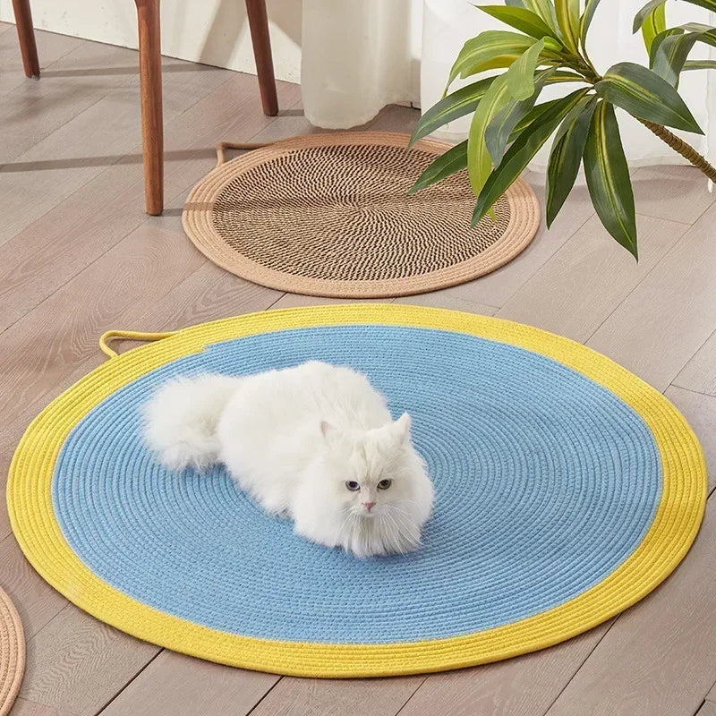 tapis gratter chats moderne tissé beige marron clair bleu jaune poignée resistant usage
