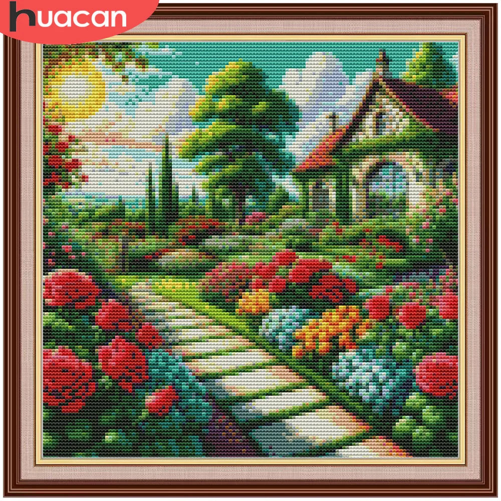 toile imprimée paysagère maison chemin fleurs broderie coton multicolore instructions aiguille fixations cadrepaque