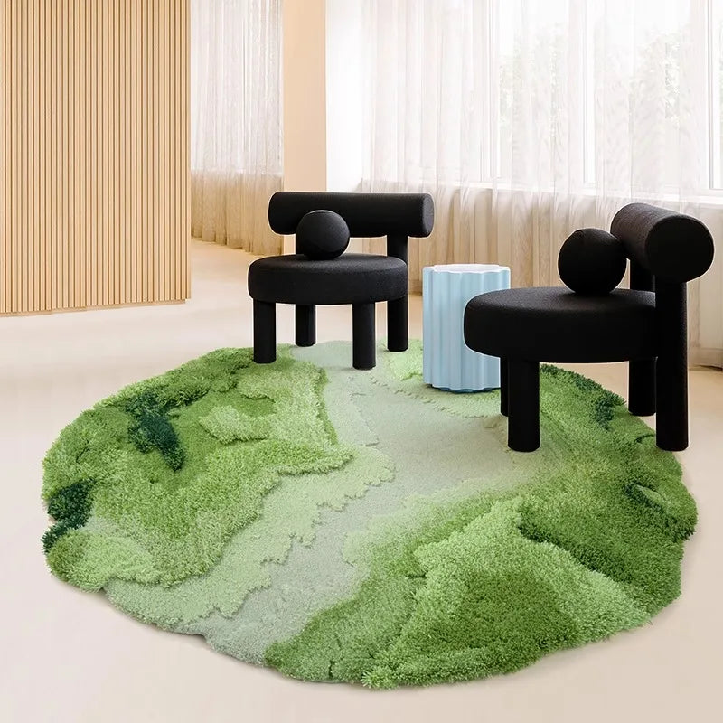 tapis rond laine verte moderne doux texture pelucheuse motif ondulé 100cm 130cm 150cm