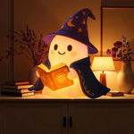 lampe fantôme magicien halloween blanc bleu orange motifs lunaire floral solaire chapeau cape