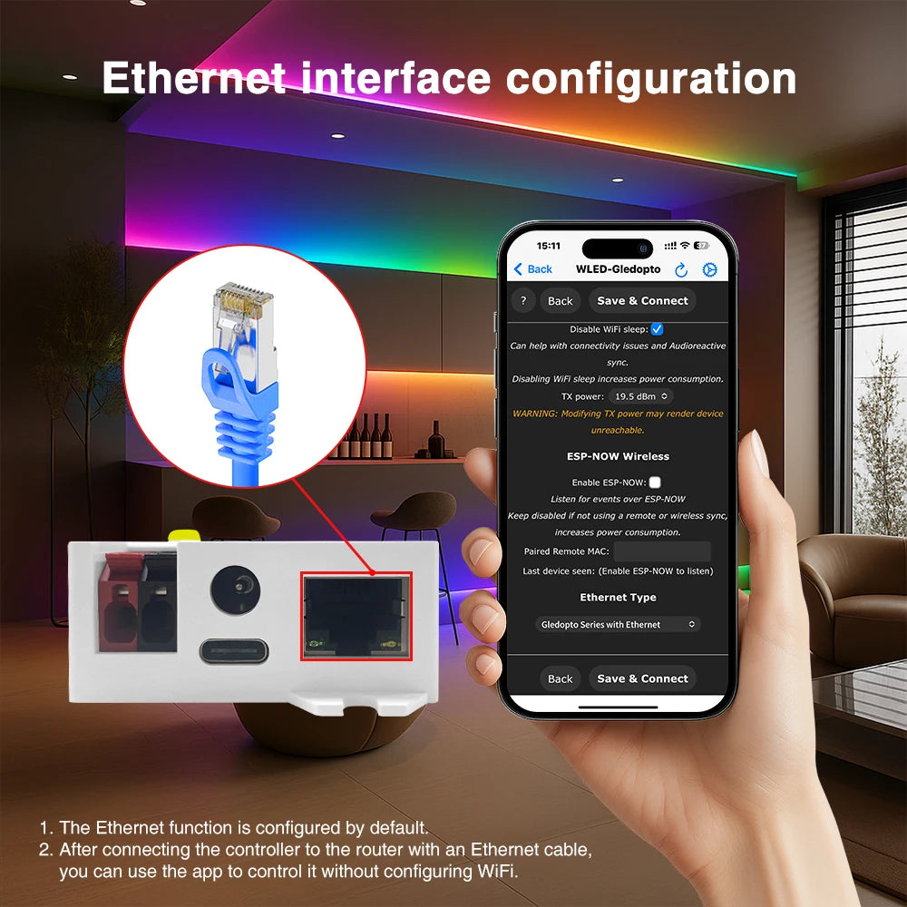 contrôleur wled ethernet wifi musique 360w ws2812 sk6812 20a fusible moderne noir