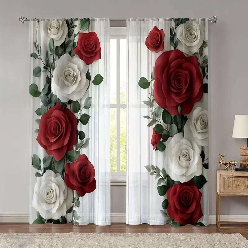 rideau moderne roses rouges blanches feuilles vertes translucides chambre coucher