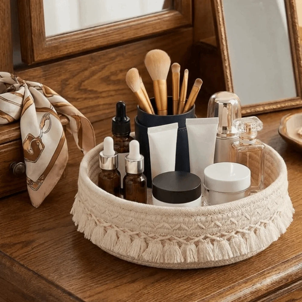 panier tissé boho chic beige noir franges rangement cosmétiques réutilisable multifonction opacité