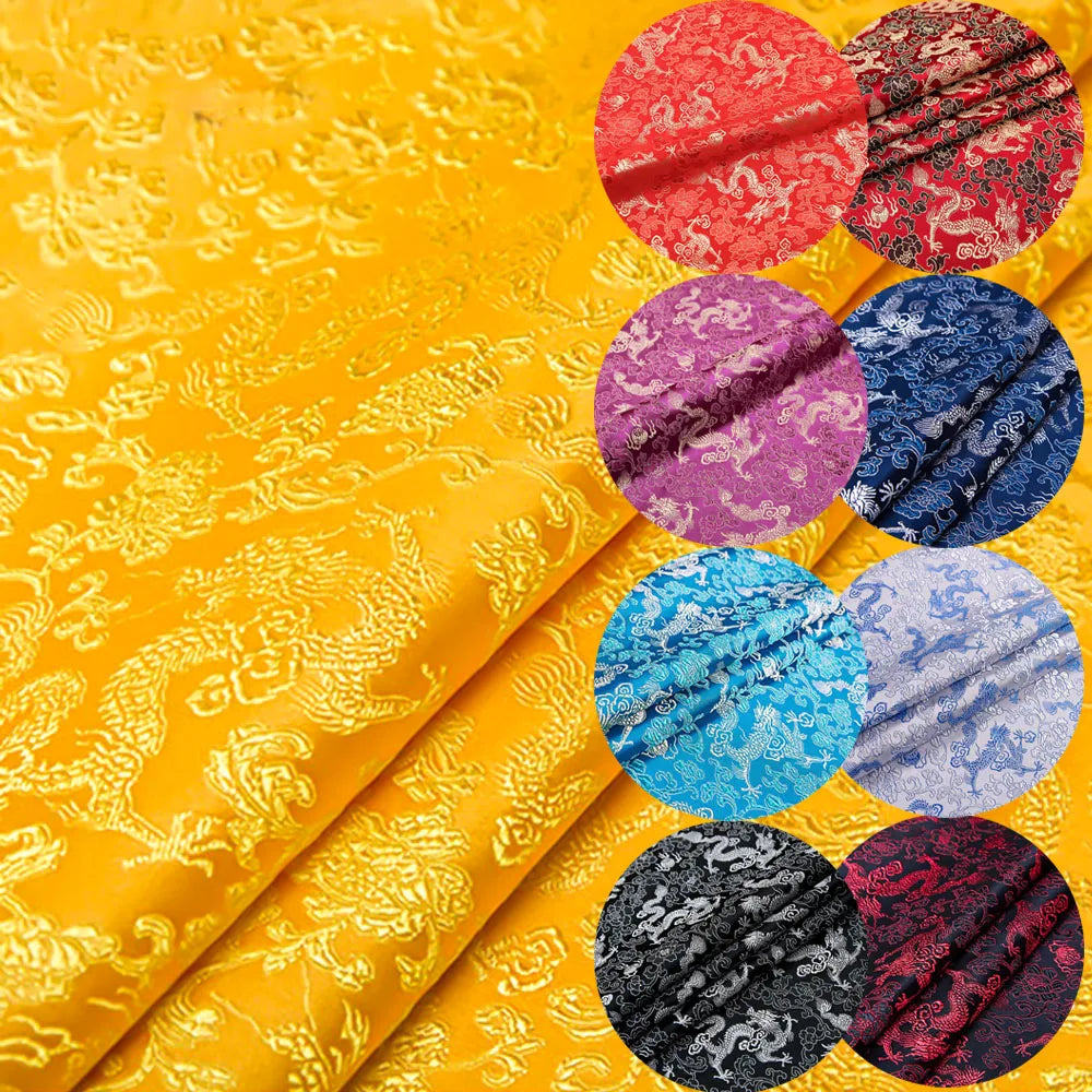 tissu brodé dragon nuages jaune rouge violet bleu noir traditionnel élégant couture bricolage artisanat
