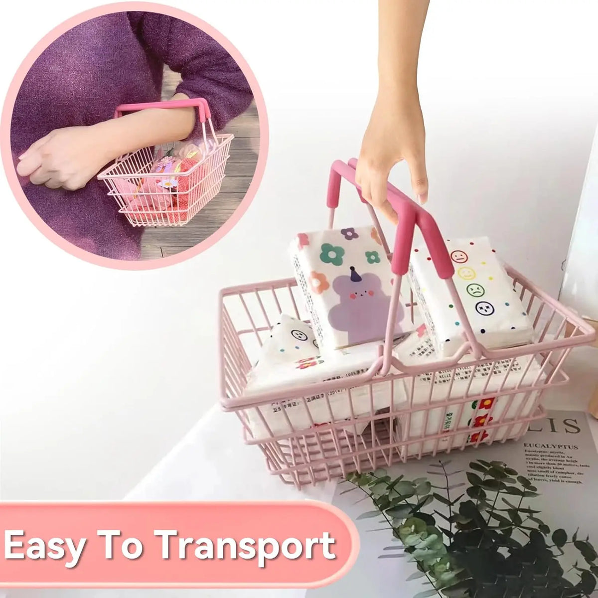 panier rangement rose clair réutilisable fer moderne minimaliste poignées détachables cosmétiques bijoux stockage fille