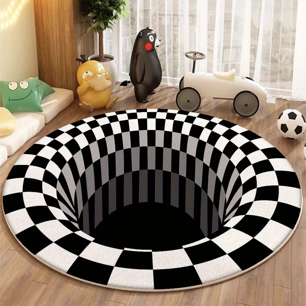 tapis rond effet 3d carreaux géométriques noir blanc moderne polyester antidérapant salon chambre bain