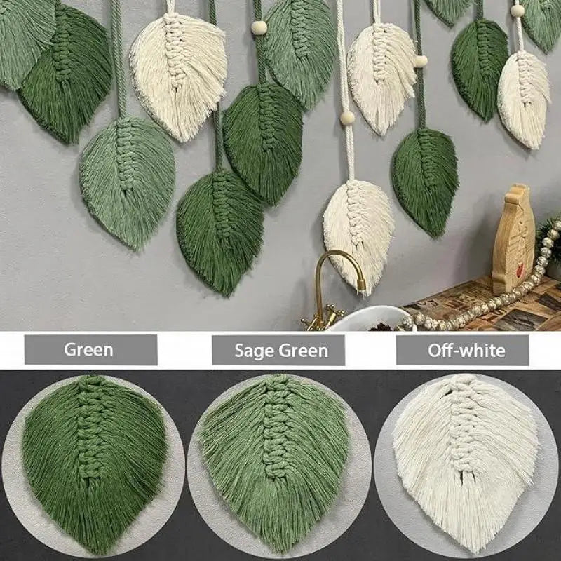 guirlande murale boho feuilles vert sauge blanc tissage macramé naturel