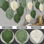 guirlande murale boho feuilles vert sauge blanc tissage macramé naturel