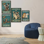 Cette image présente une collection d'affiches murales illustrant différentes espèces de chats dans des poses humoristiques, soulignant le message "That's what I do, I get tattoos and I know things".