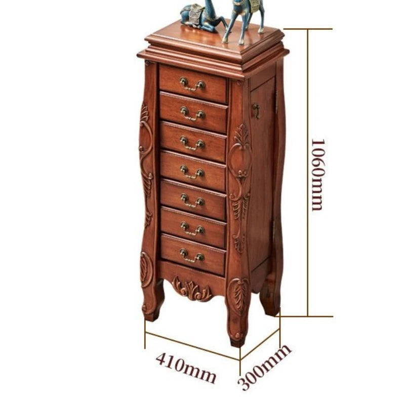 armoire bijoux bois massif tiroirs miroir compartiments vintage classique poignées métalliques salon chambre