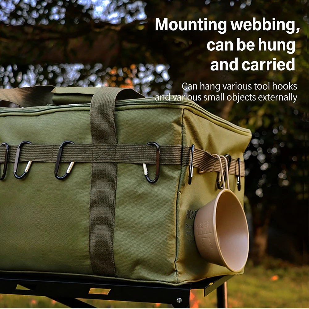 sac camping vert olive noir toile imprimée pratique robuste bandes fixation rangement pliable gaz