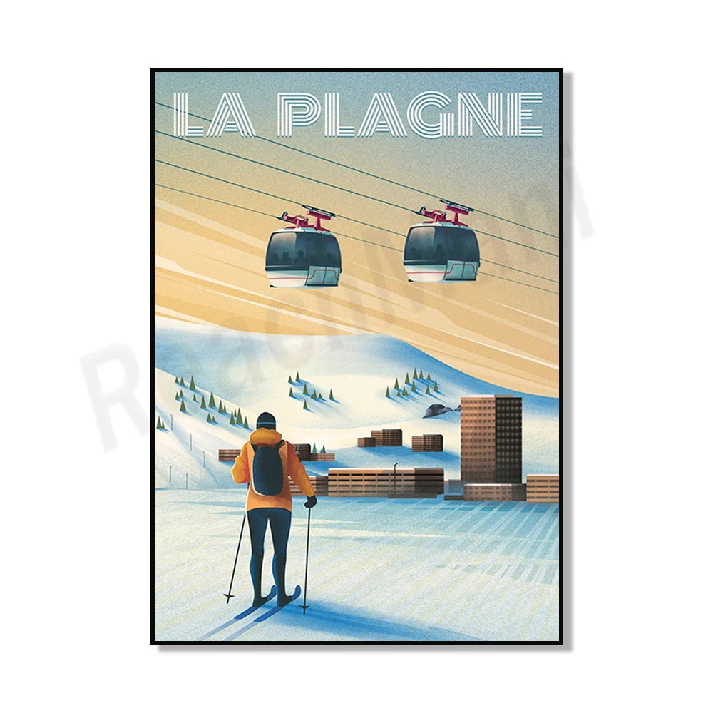 L'image montre un skieur sur une pente enneigée avec des remonte-pentes dans le ciel, surplombant une ville avec des immeubles dans le fond.